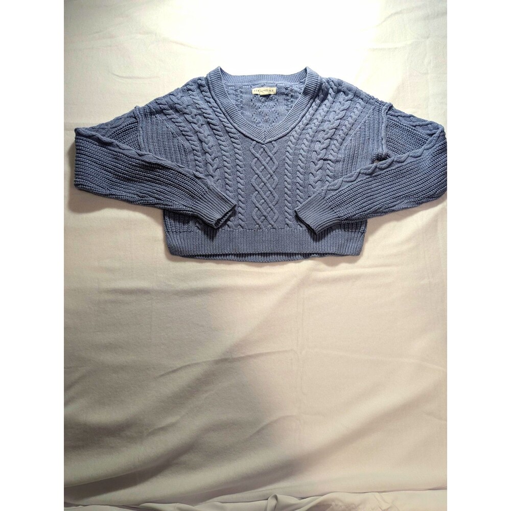 Aéropostale Women's Blue Solid Cable-Knit V-Neck Long Sleeve Cropped Sweater XS